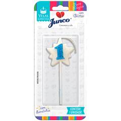 Vela Aniversário Super Star com Glitter Azul Nº 1 Junco