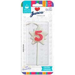 Vela Aniversário Super Star com Glitter Rosa Nº 5 Junco