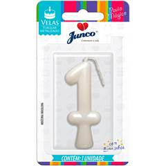 Vela Aniversário Metalizada Branco Perolado  Nº 1 Junco