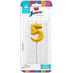 Vela Aniversário No Palito Metalizada Dourada Nº 5 Junco