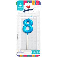 Vela Aniversário No Palito Metalizada Azul Nº 8 Junco