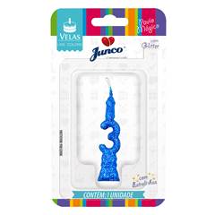 Vela Aniversário Mini Glitter Azul Nº 3 Junco