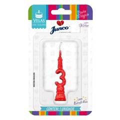 Vela Aniversário Mini Glitter Vermelha Nº 3 Junco