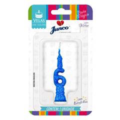 Vela Aniversário Mini Glitter Azul Nº 6 Junco