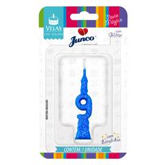 Vela Aniversário Mini Glitter Azul Nº 9 Junco