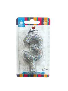 Vela Aniversário Holográfica com Gliter Prata Nº 3 Junco